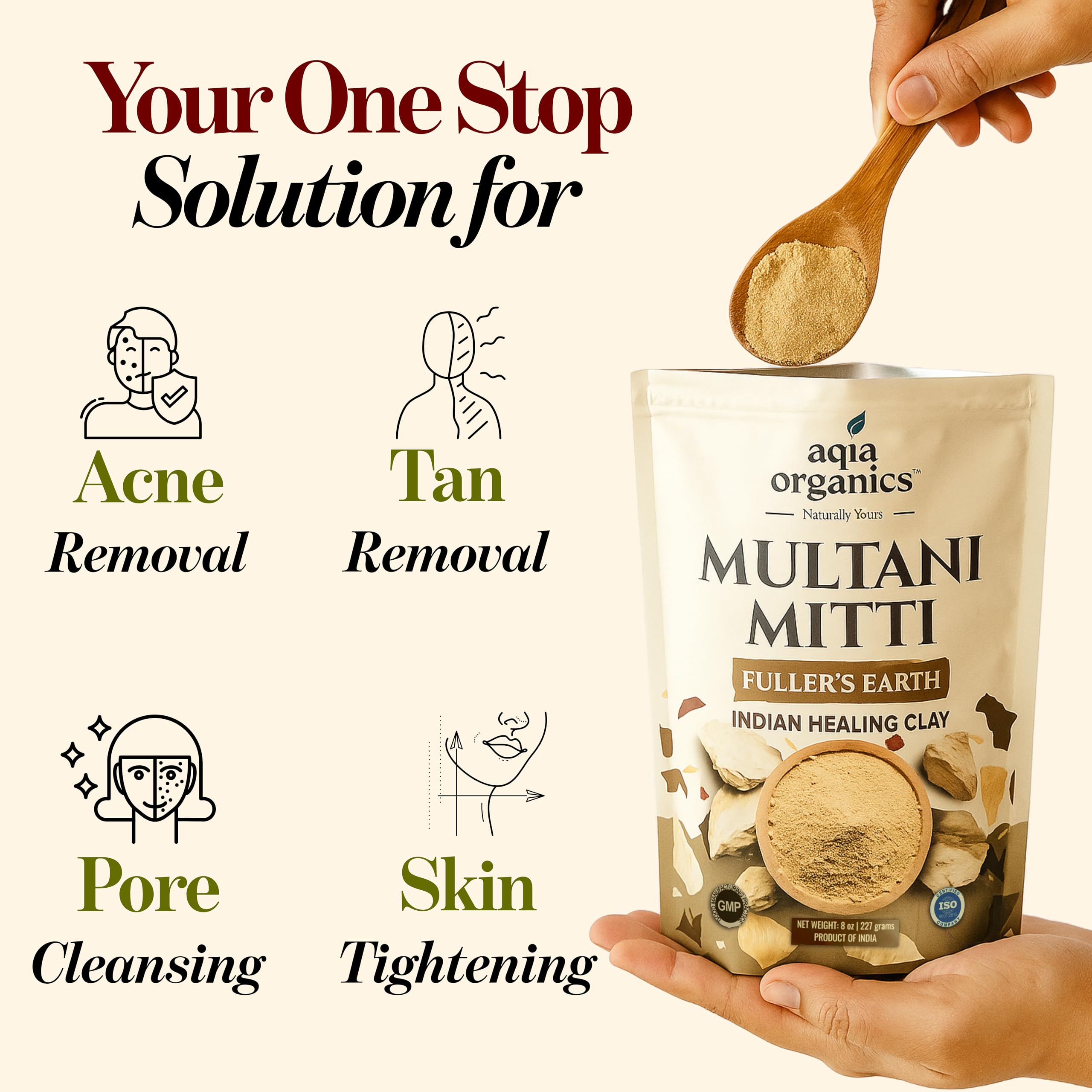 Aqia Organics powder on spoon to show scale and easy measuring