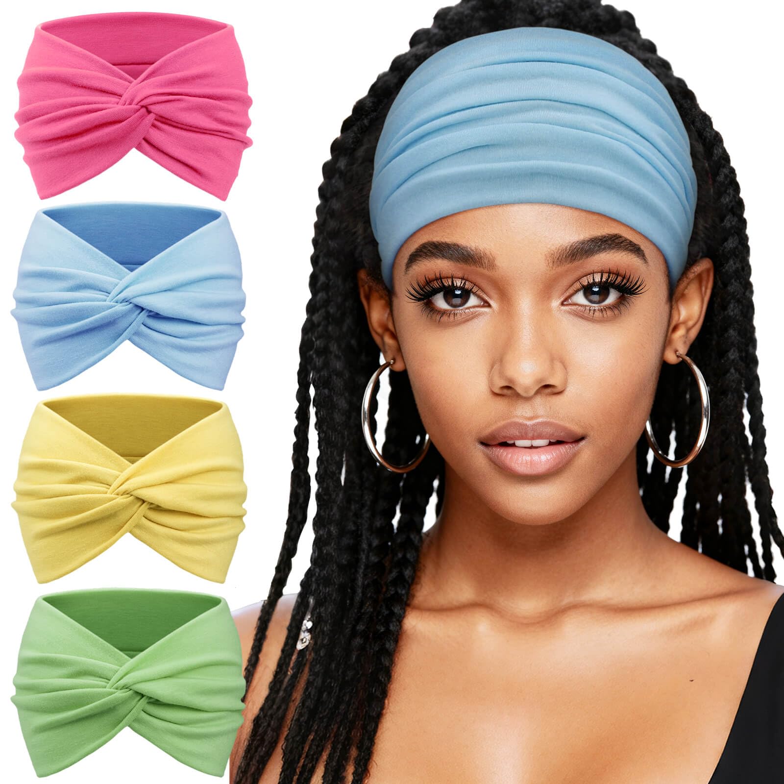 AQOKKA four-pack headbands front view showing colors and packaging benefit versatility