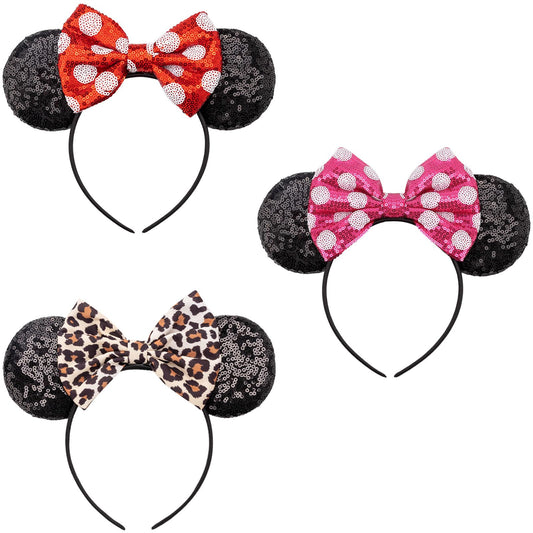 AQOKKA front view of sequin mouse ears headband showing polished bow and ears