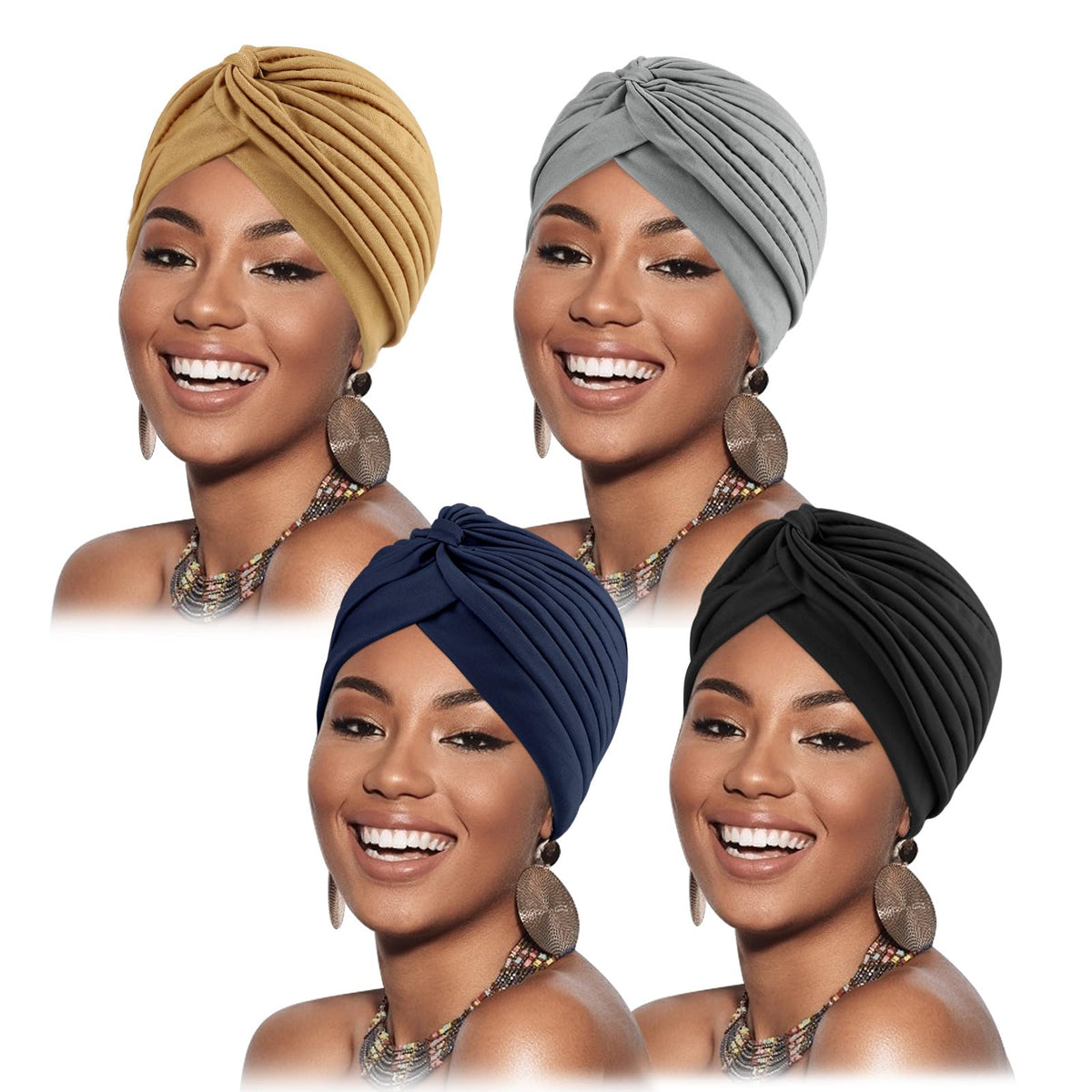 AQOKKA front view pleated turban showing polished knot and coverage benefit