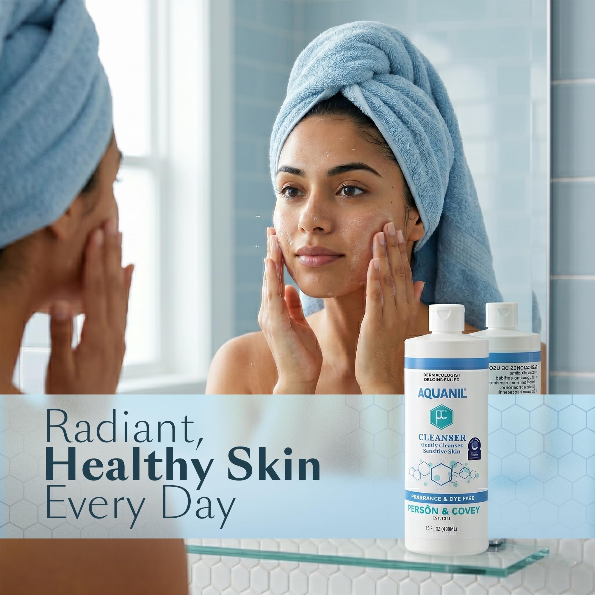 Aquanil rubbed into dry skin showing waterless removal convenience