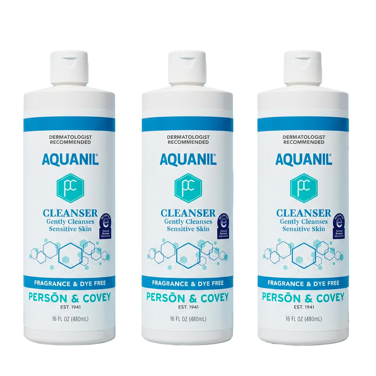 Aquanil front packaging showing three 16 oz bottles and clear labeling benefits