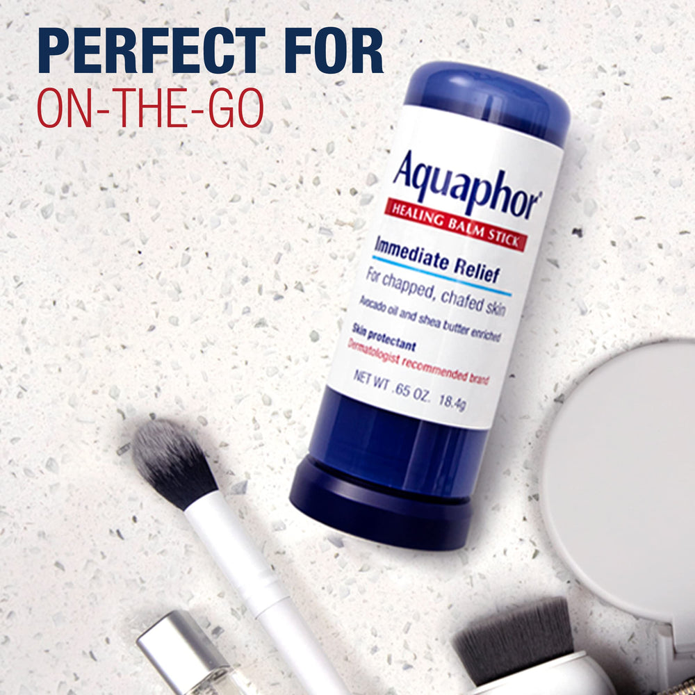 Aquaphor balm applied to lips illustrating soothing relief and protective finish benefit