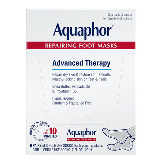 Aquaphor front packaging showing six pairs and benefits for effective foot repair