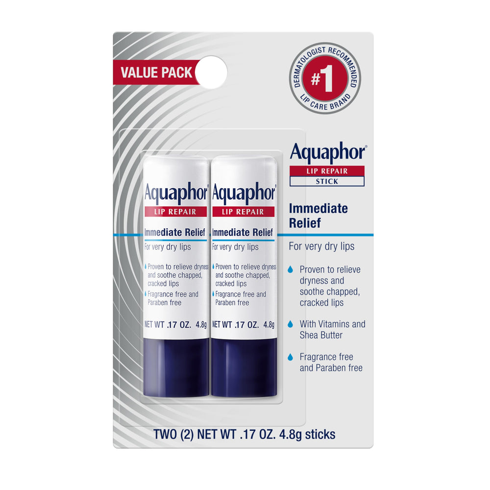 Aquaphor front packaging showing two sticks and convenient moisturizing benefits