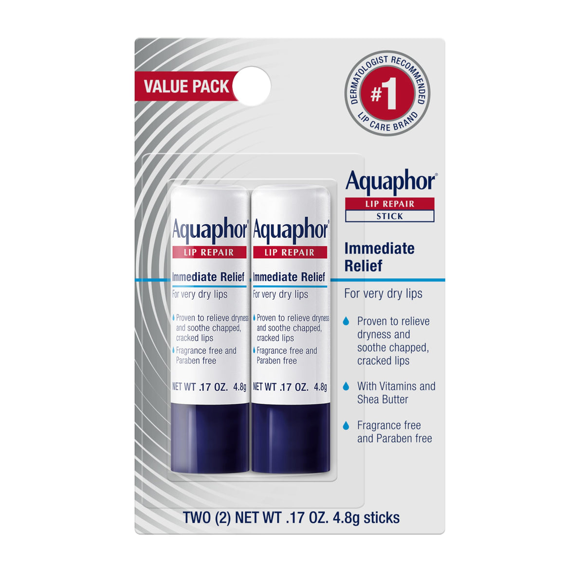 Aquaphor front packaging showing two sticks and convenient moisturizing benefits