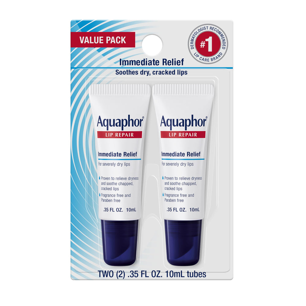 Aquaphor lip repair front packaging showing two tubes and brand relief
