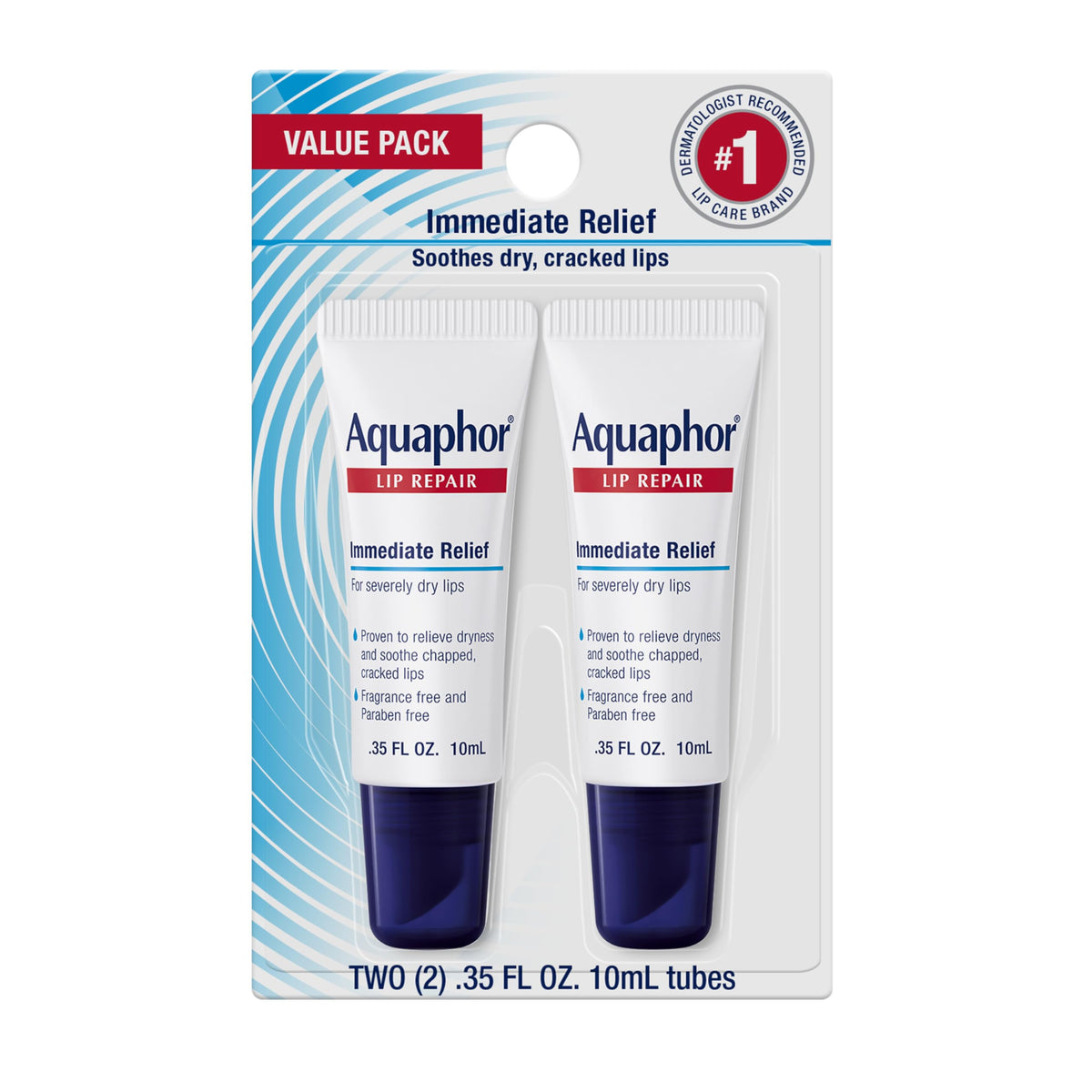 Aquaphor lip repair front packaging showing two tubes and brand relief