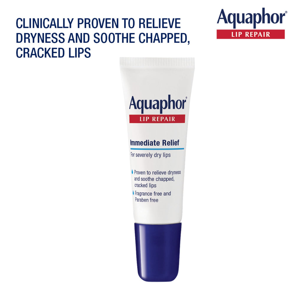 Close-up of one Aquaphor lip repair tube highlighting convenient applicator