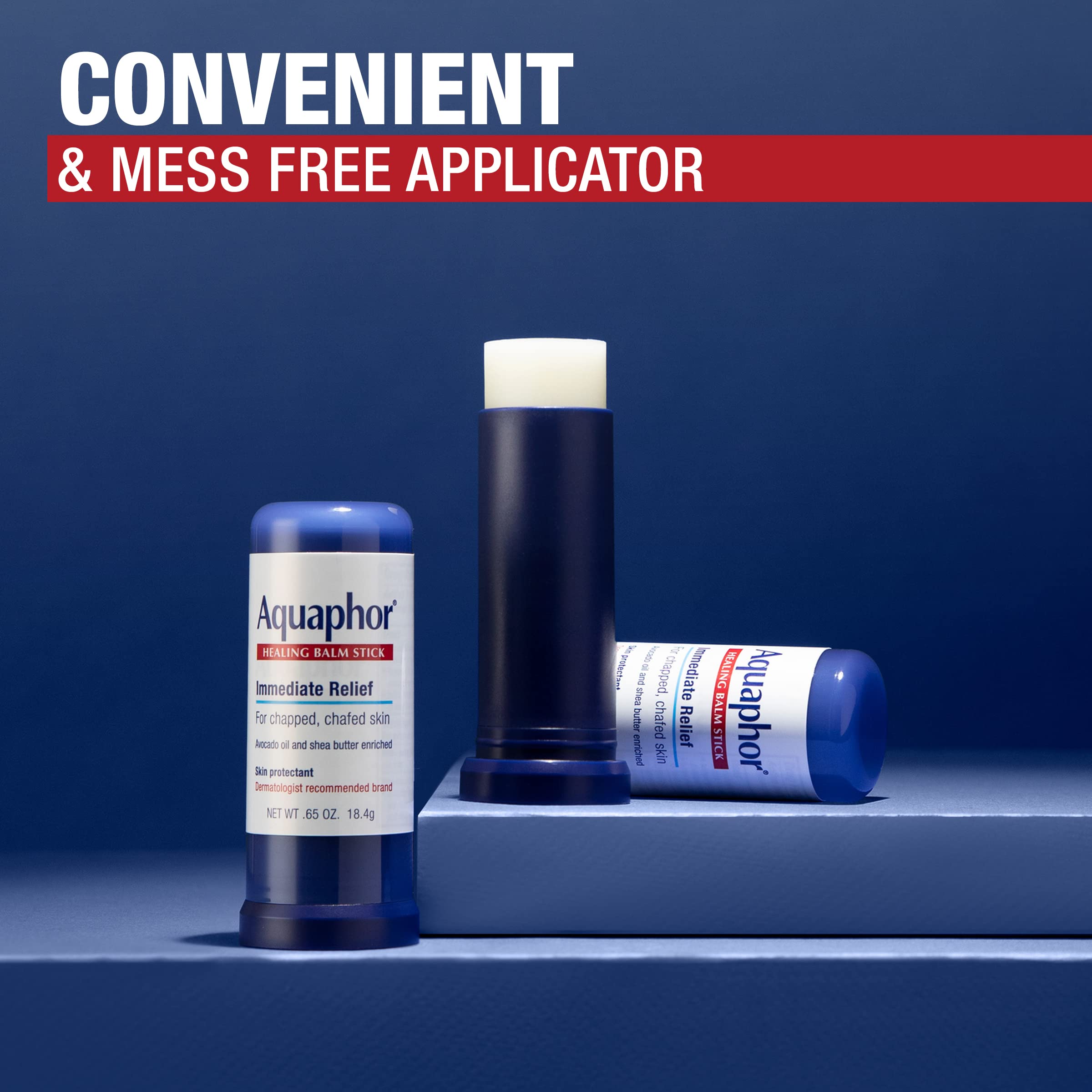 Aquaphor balm stick with cap removed showing twist mechanism benefit: mess-free application