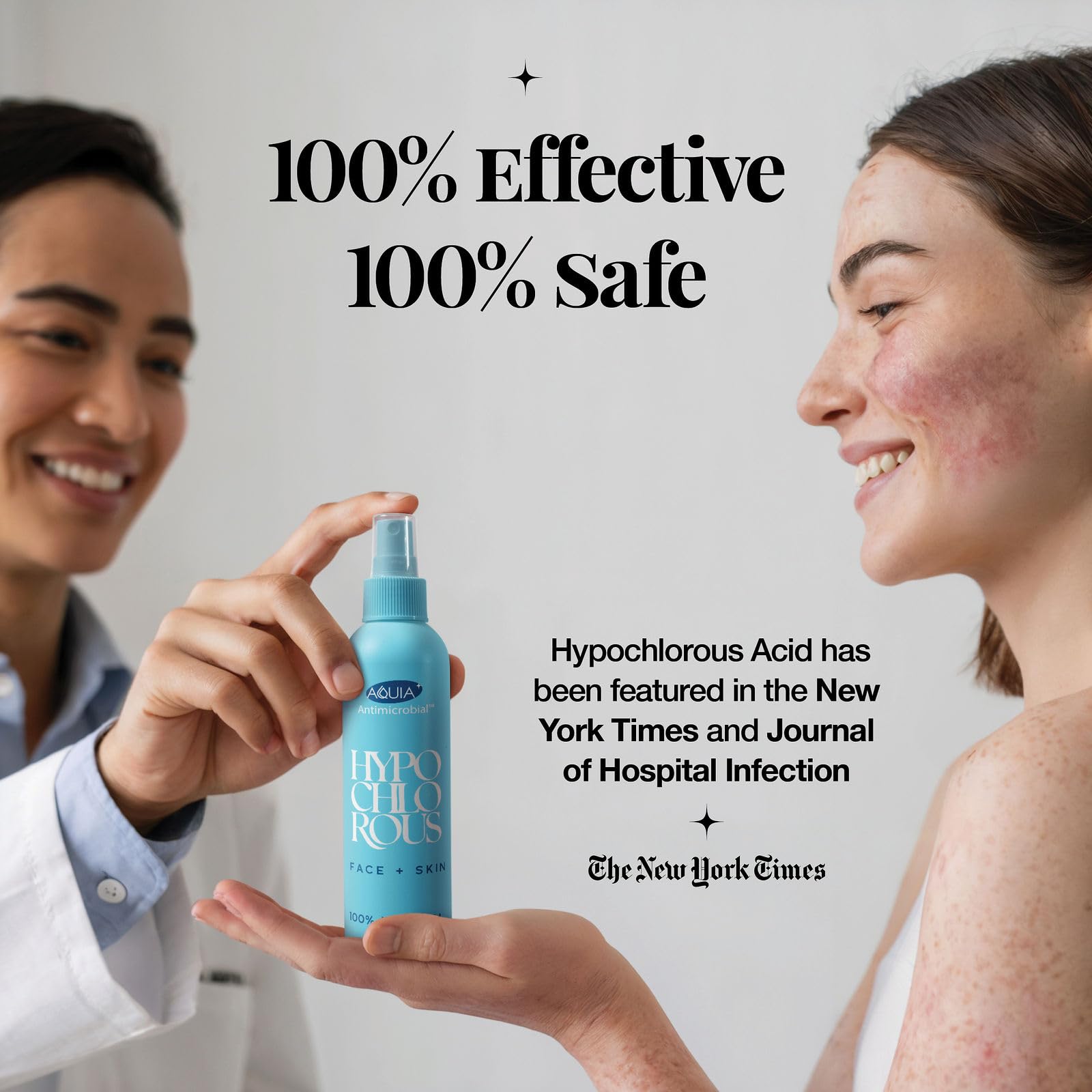 Aquia mist on skin being applied to a cheek for soothing benefit