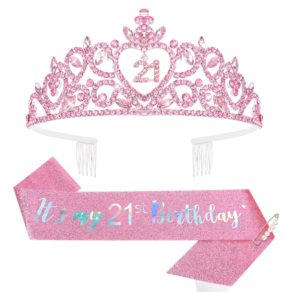 Araluky crown and sash front view showing coordinated pink set and celebratory appeal