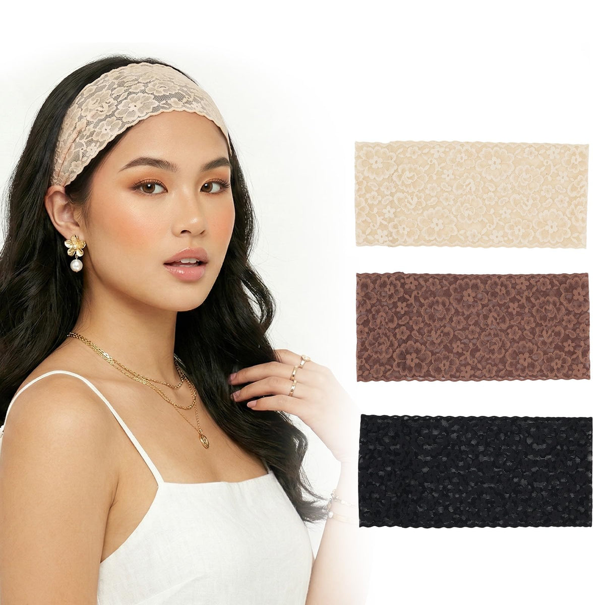Aranya front pack display showing three floral lace headbands and styling options benefit comfort