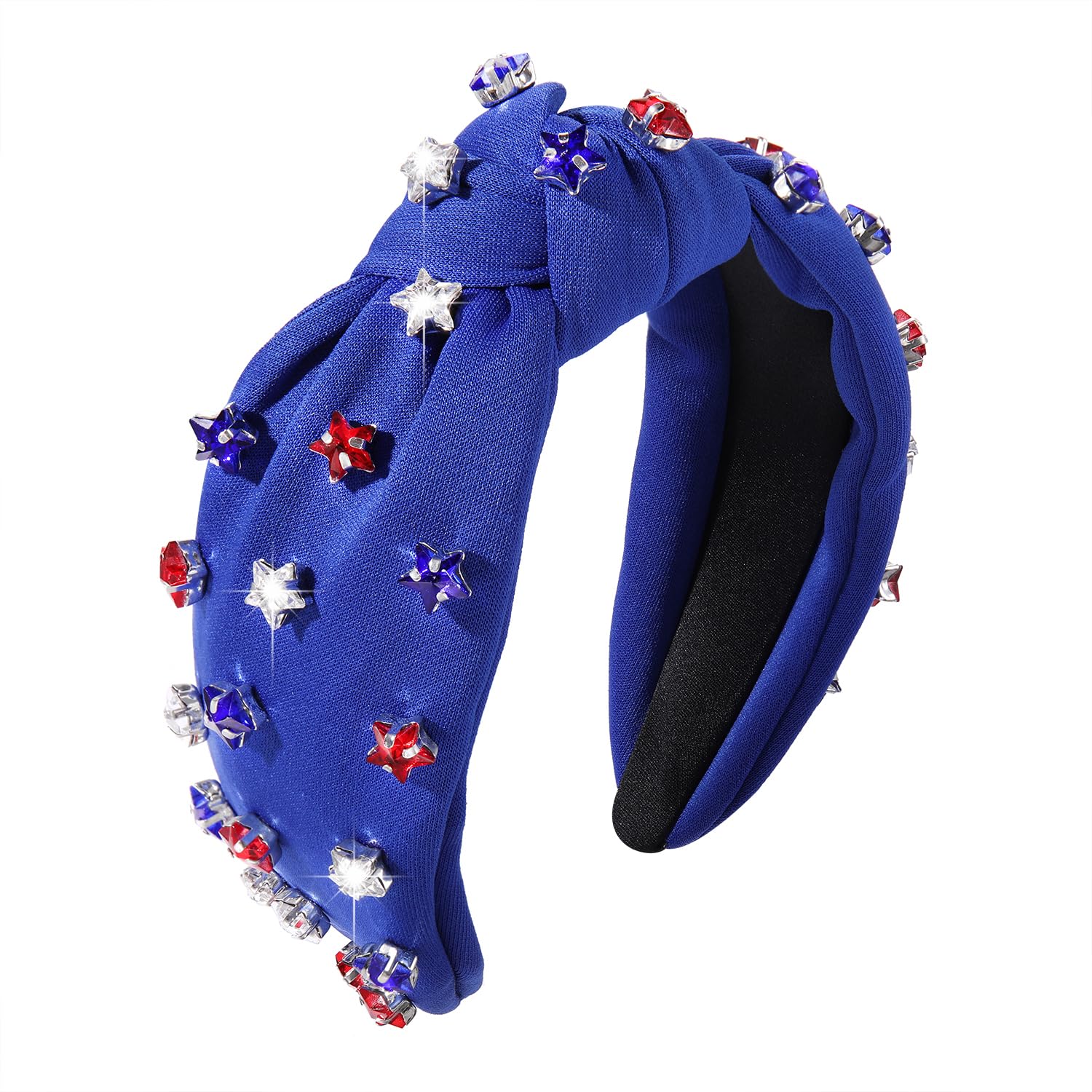ARATLENCH front view blue knot headband showing patriotic sparkle and comfortable fit