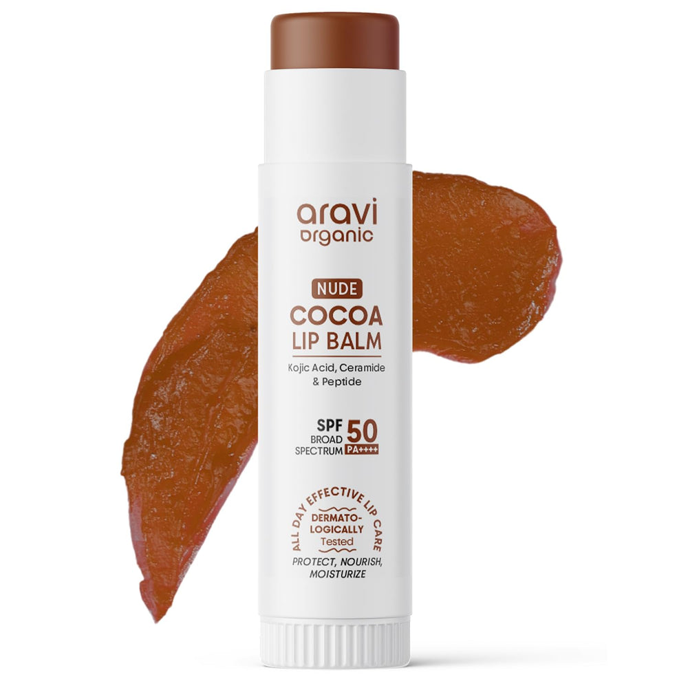Aravi Organic front packaging showing nude cocoa balm and SPF 50 protection benefits