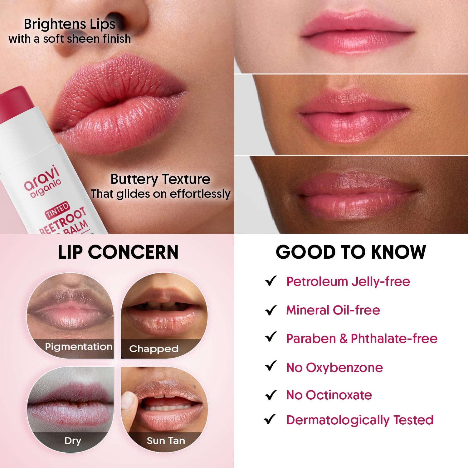 Aravi Organic balm applied on lips showing glossy natural tint