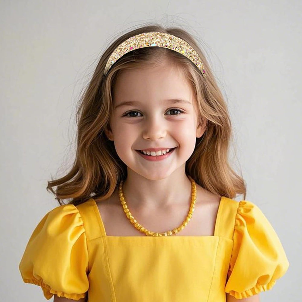 ARBEYOOU child wearing a headband outdoors, comfortable fit and eye-catching sparkle