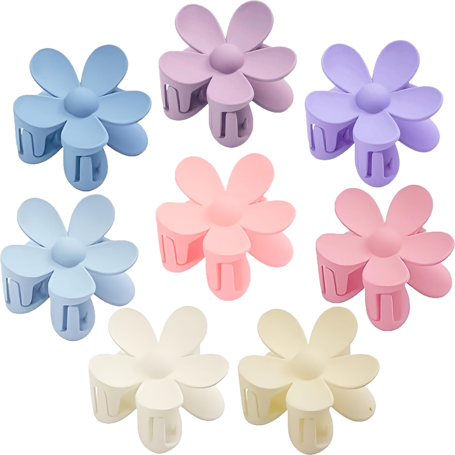 Arbogi front view of eight flower clips showcasing color variety and elegant matte finish