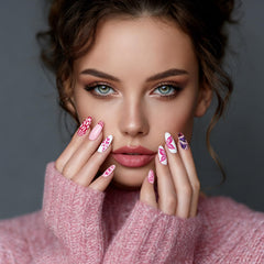Arbuya finished manicure lifestyle photo showing layered butterflies and gingham contrast