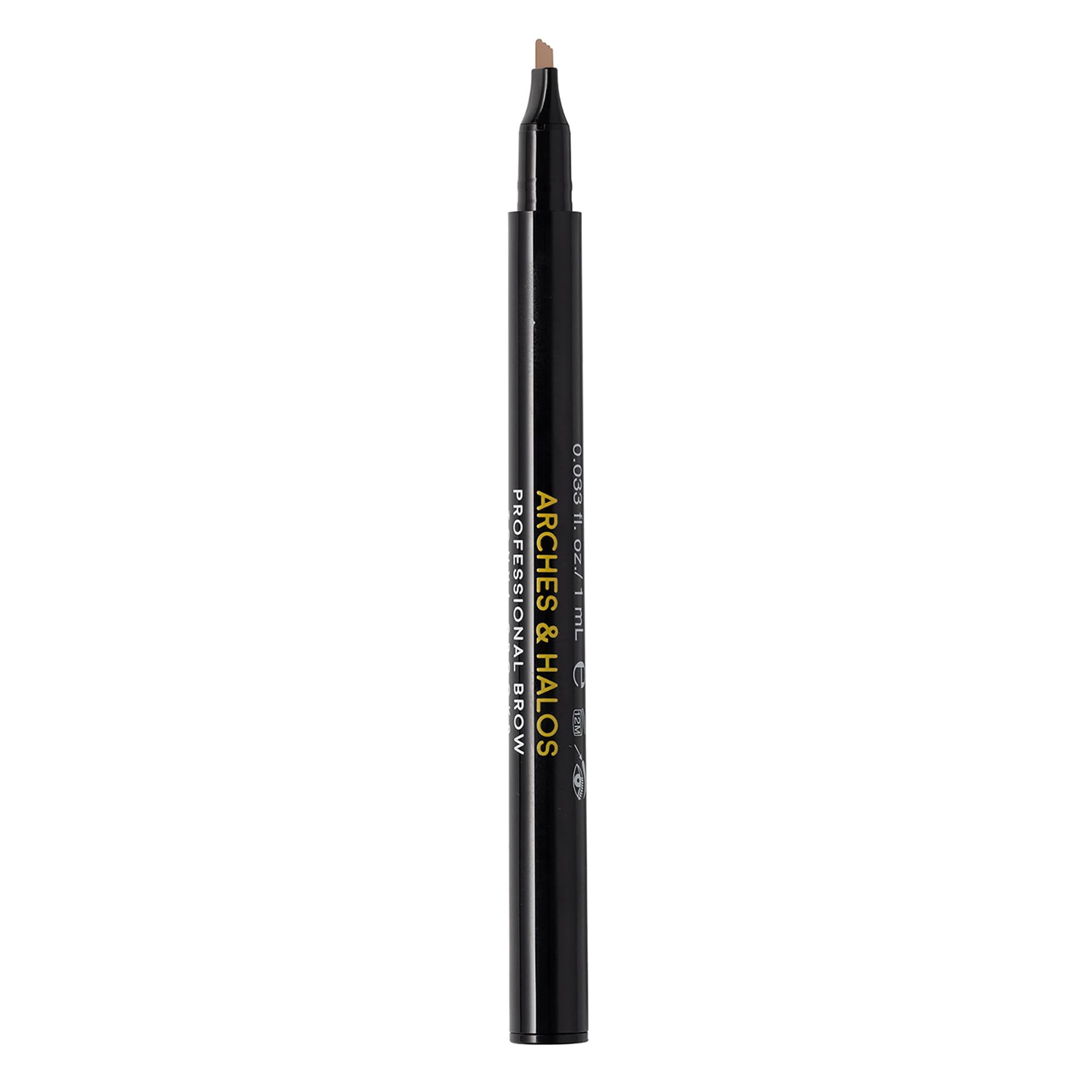 Arches & Halos pen front packaging showing compact brow tool and branding benefit precise shaping