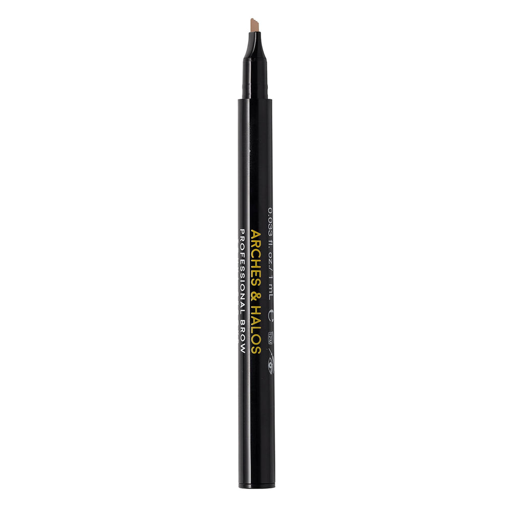 Arches & Halos pen front packaging showing compact brow tool and branding benefit precise shaping