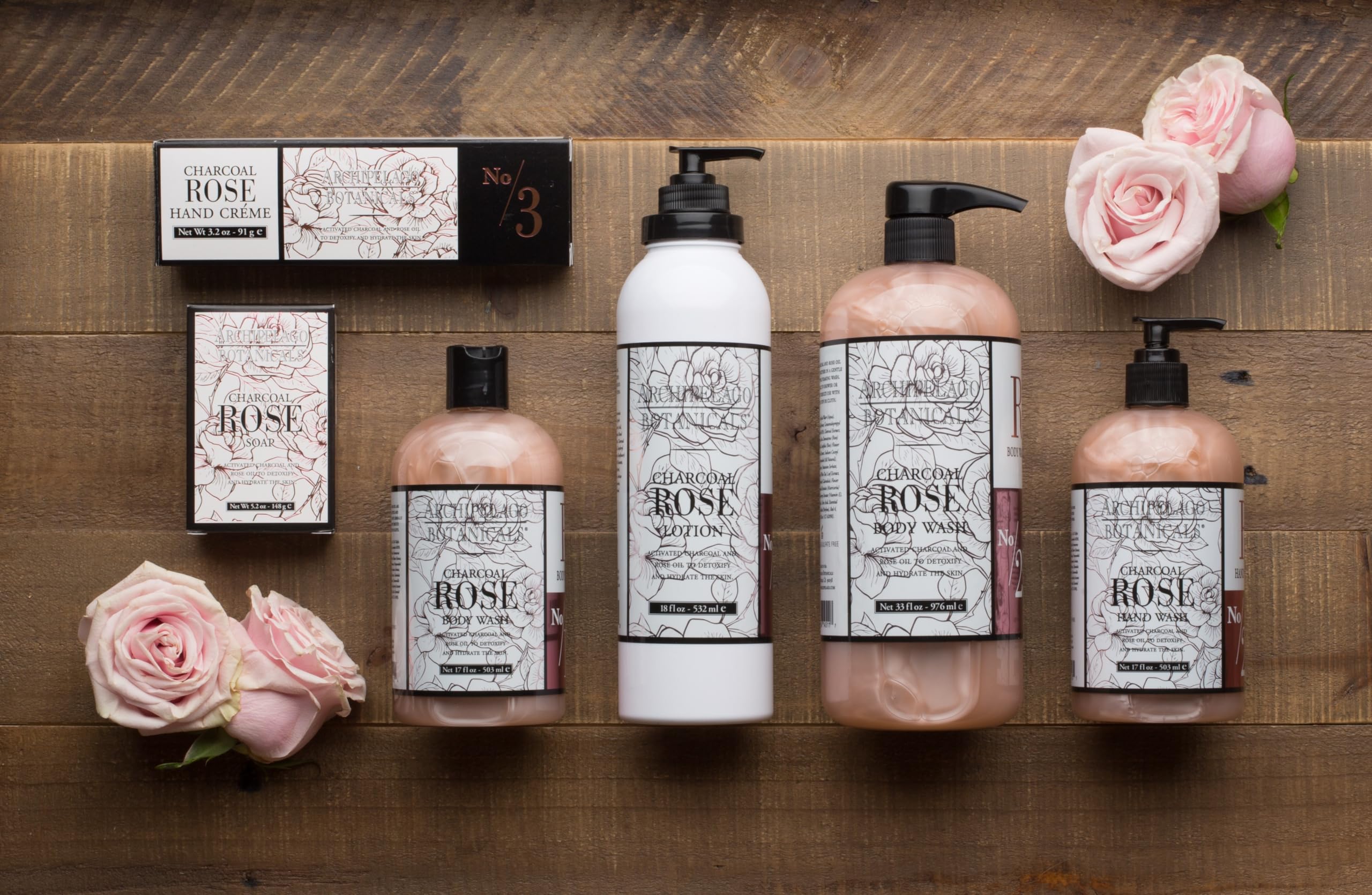 Archipelago Botanicals ingredients label highlighting charcoal and rose extract benefits