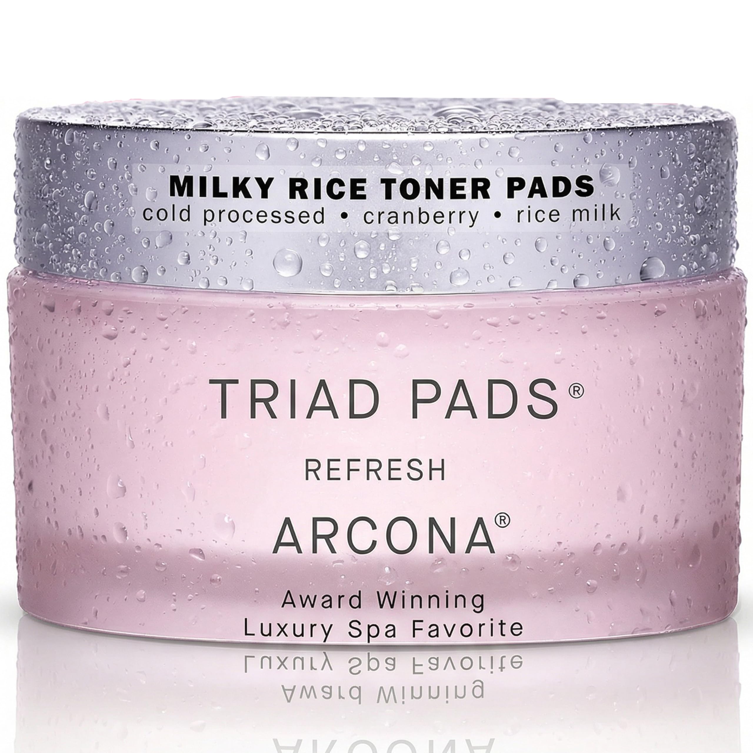 ARCONA front tub of cranberry triad milky toner pads showing packaging and count benefit