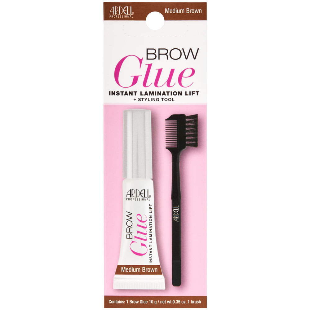 Ardell brow glue front packaging showing compact tinted 0.35 oz tube and brush benefit