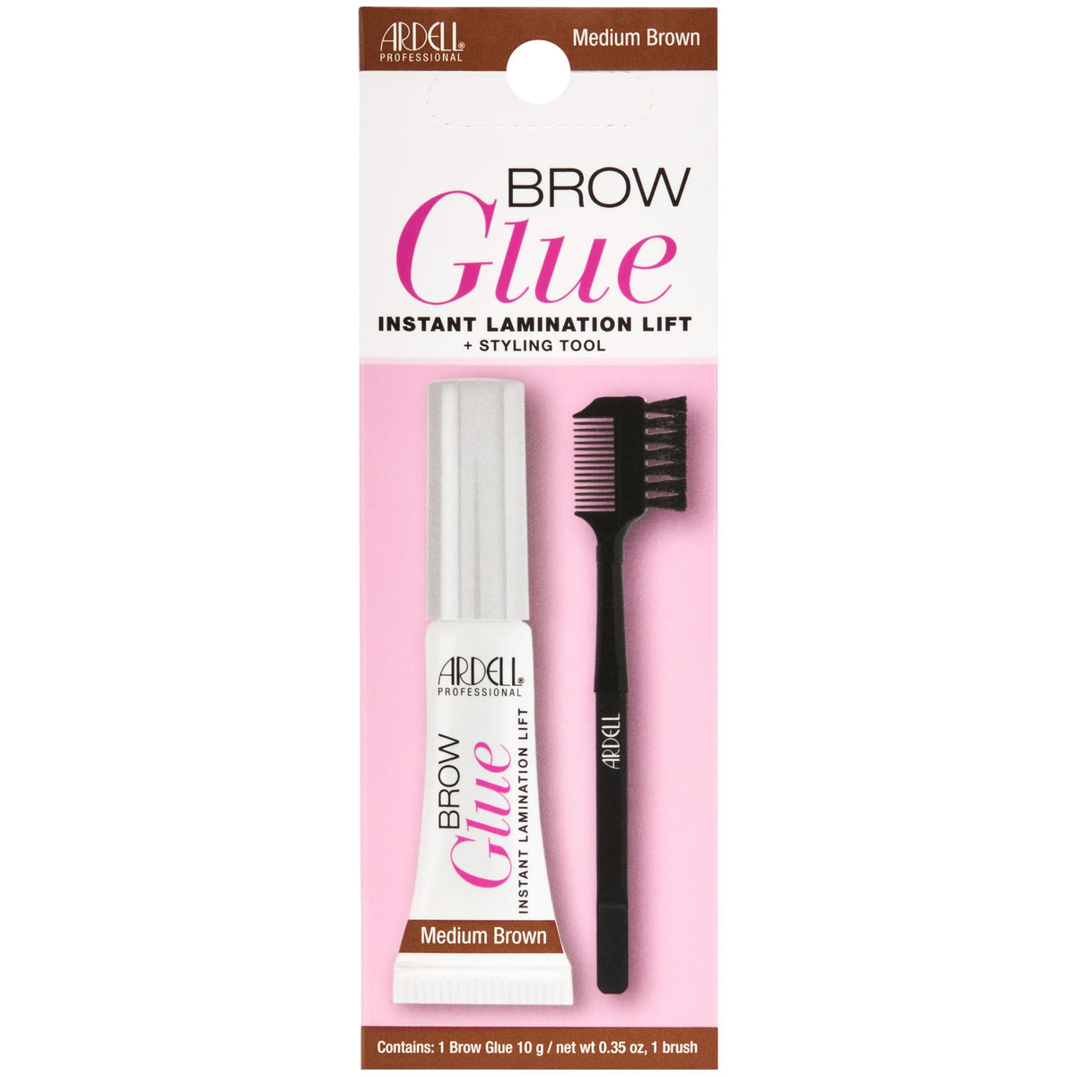 Ardell brow glue front packaging showing compact tinted 0.35 oz tube and brush benefit