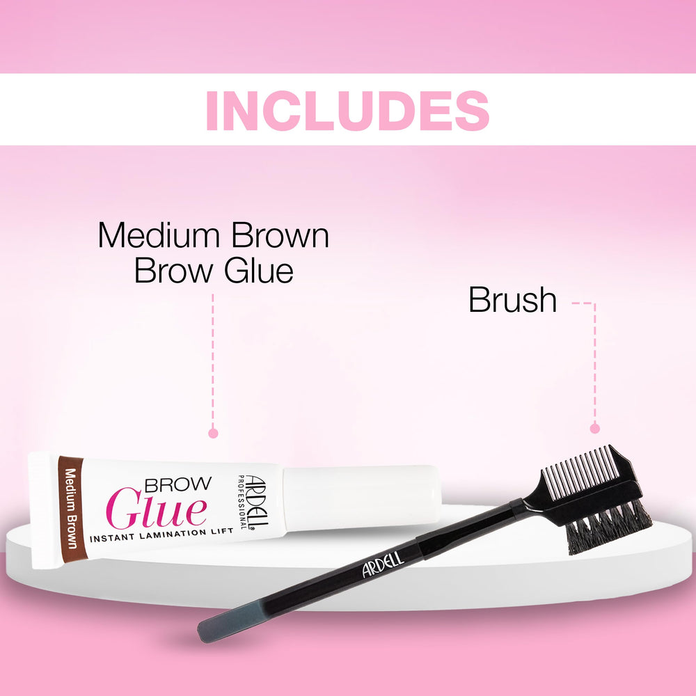 Ardell brow glue applied on model showing lifted natural brows and all-day hold benefit