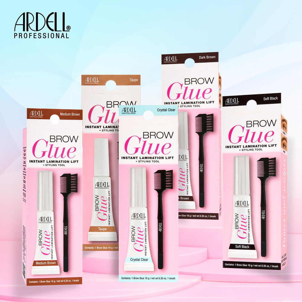 Ardell brow glue next to common objects for scale showing compact travel-friendly size benefit