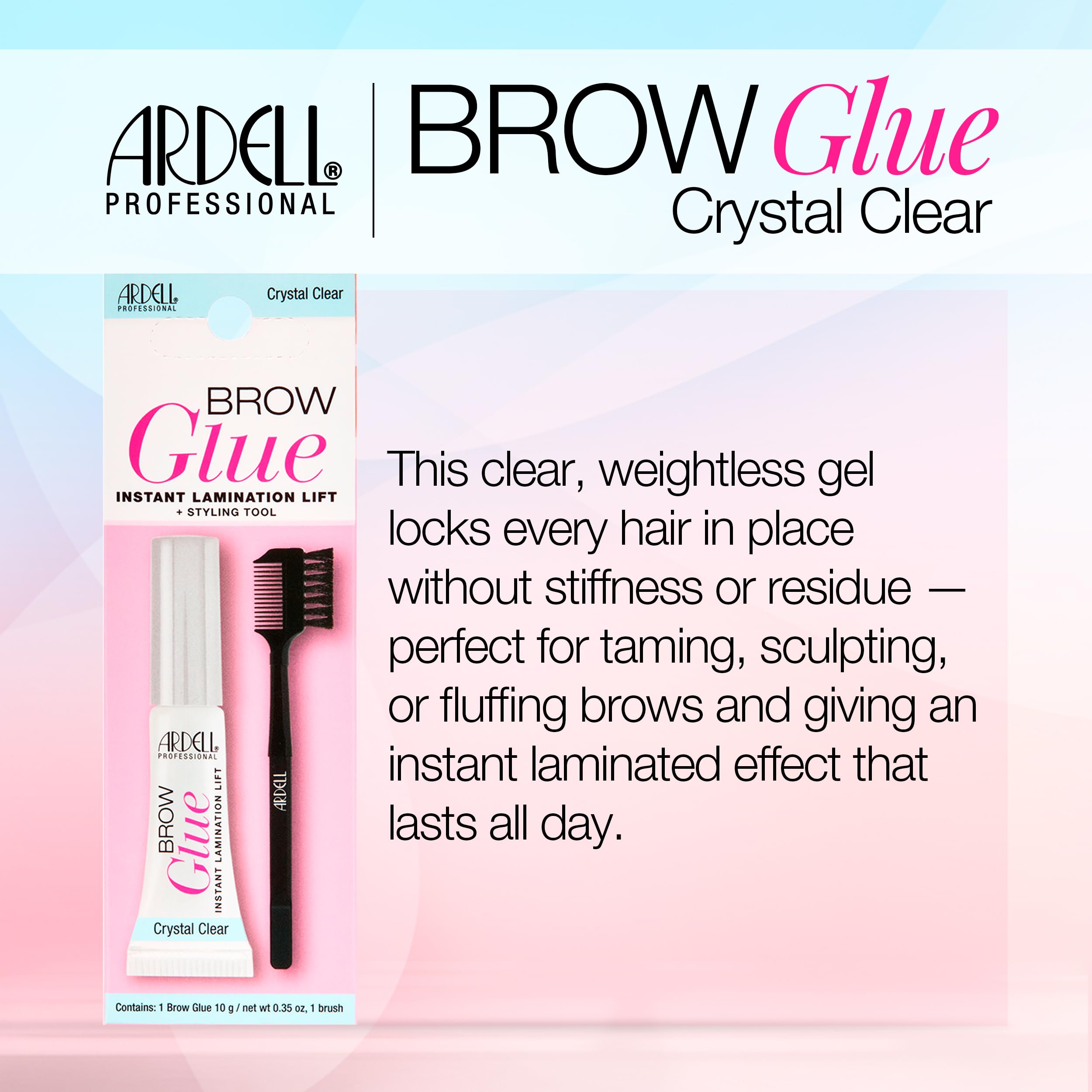 Ardell brow glue texture closeup demonstrating smooth clear formula for natural hold