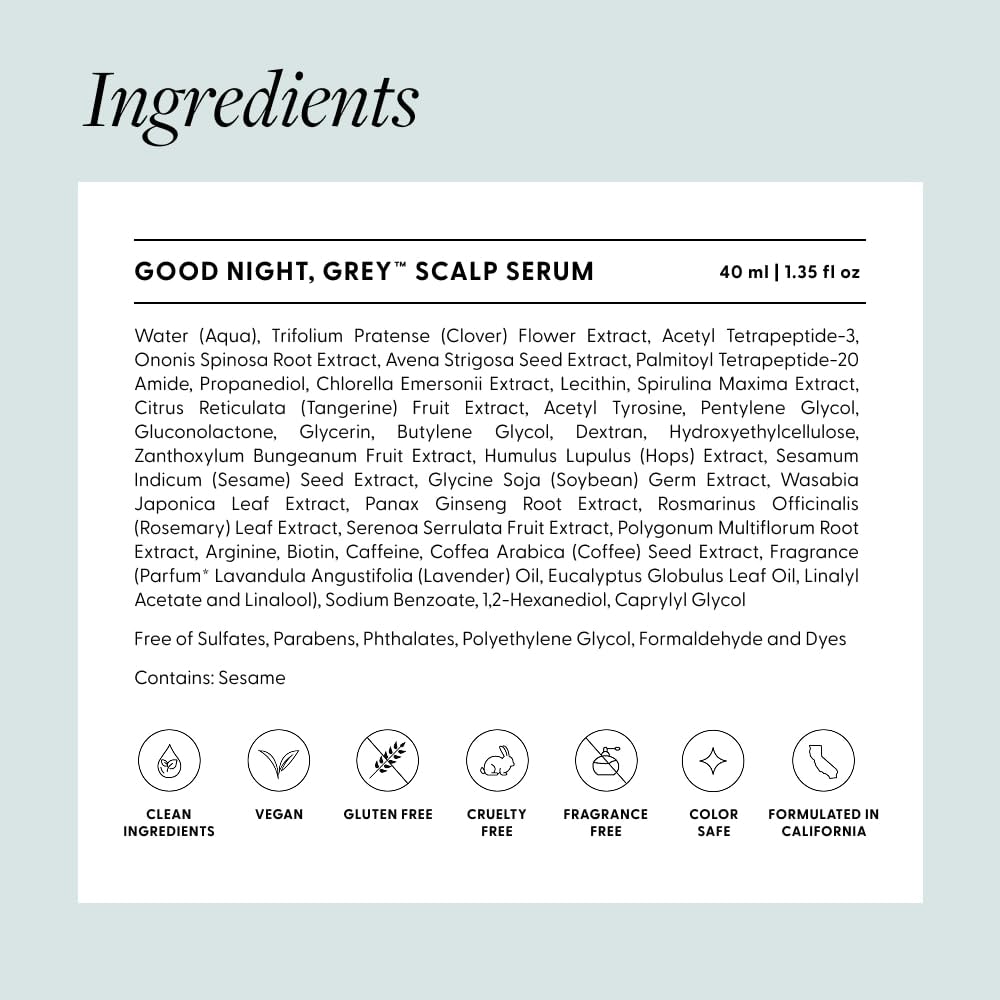 Arey Good Night Grey applied to hand demonstrating easy, oil-free scalp application