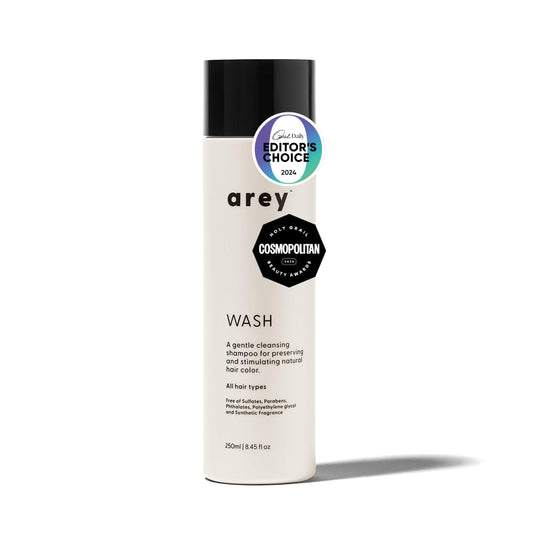 Arey wash shampoo front bottle showing clean design and benefits