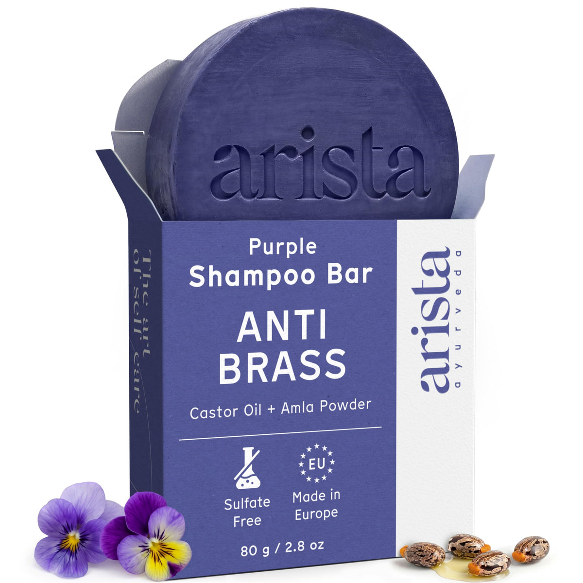 Arista purple shampoo bar front packaging showing eco-friendly design and key benefits