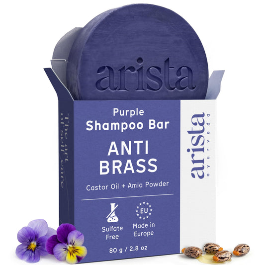 Arista purple shampoo bar front packaging showing eco-friendly design and key benefits