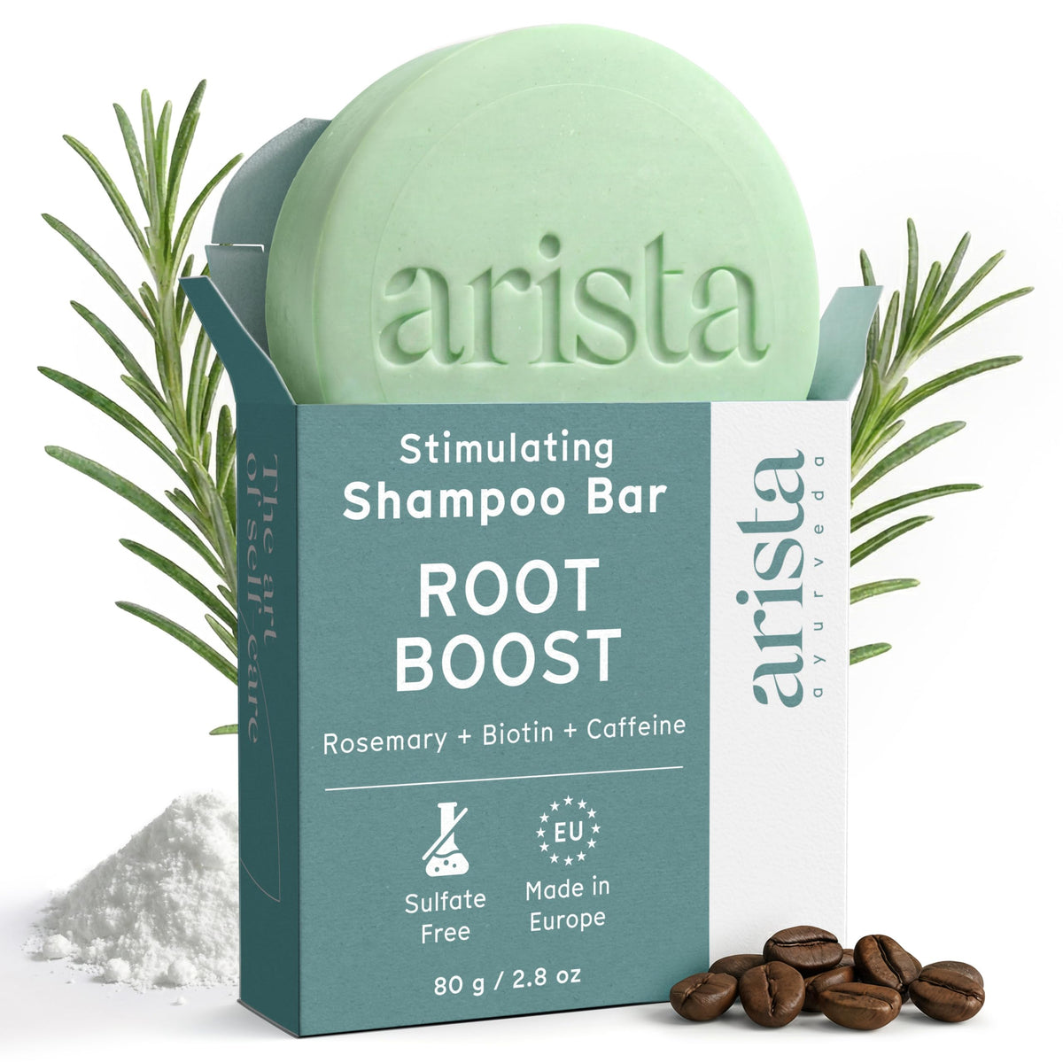 Arista shampoo bar front packaging showing product and eco benefit