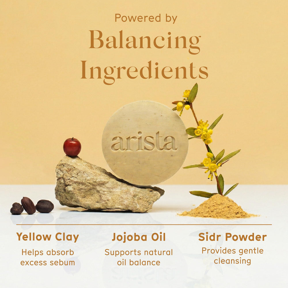 Arista ingredients display with jojoba oil, sidr powder and yellow clay benefits