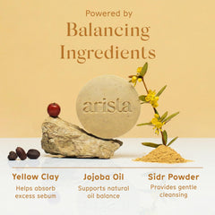 Arista ingredients display with jojoba oil, sidr powder and yellow clay benefits