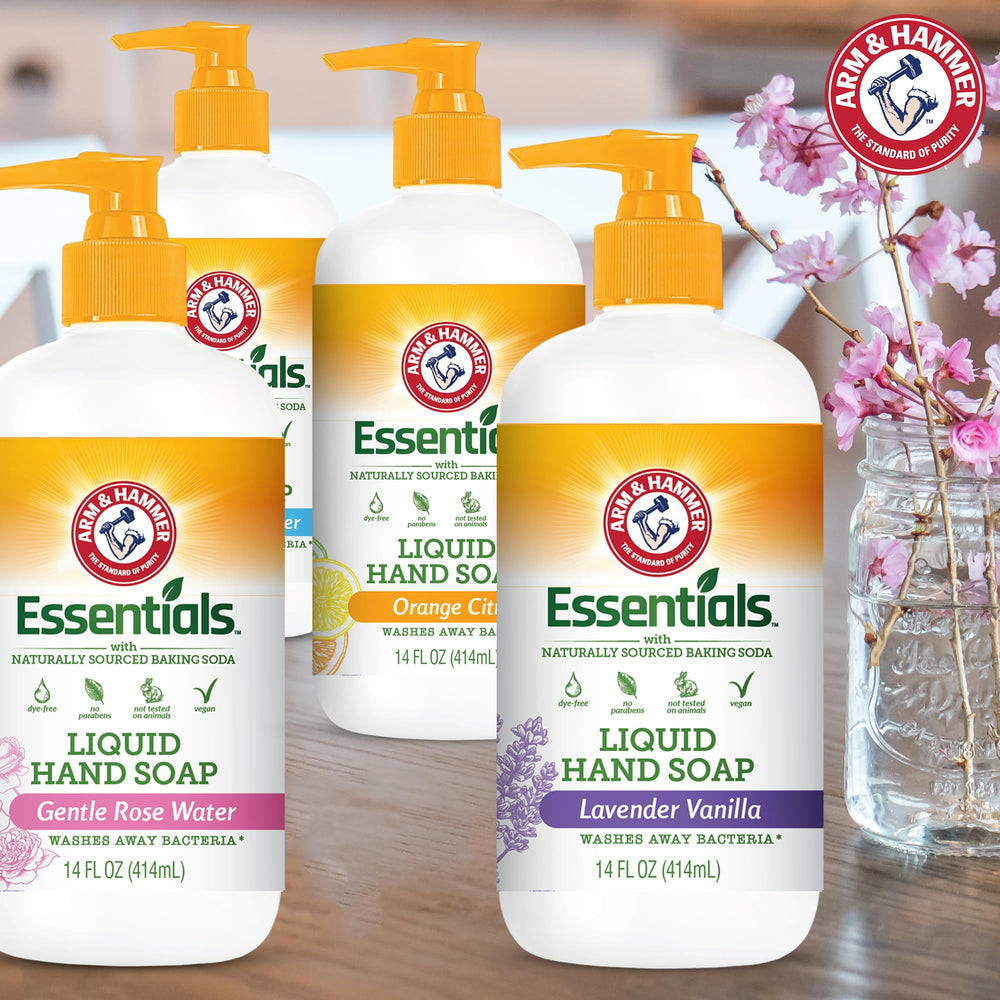 Arm & Hammer bottle on bathroom sink conveying fresh, clean feel