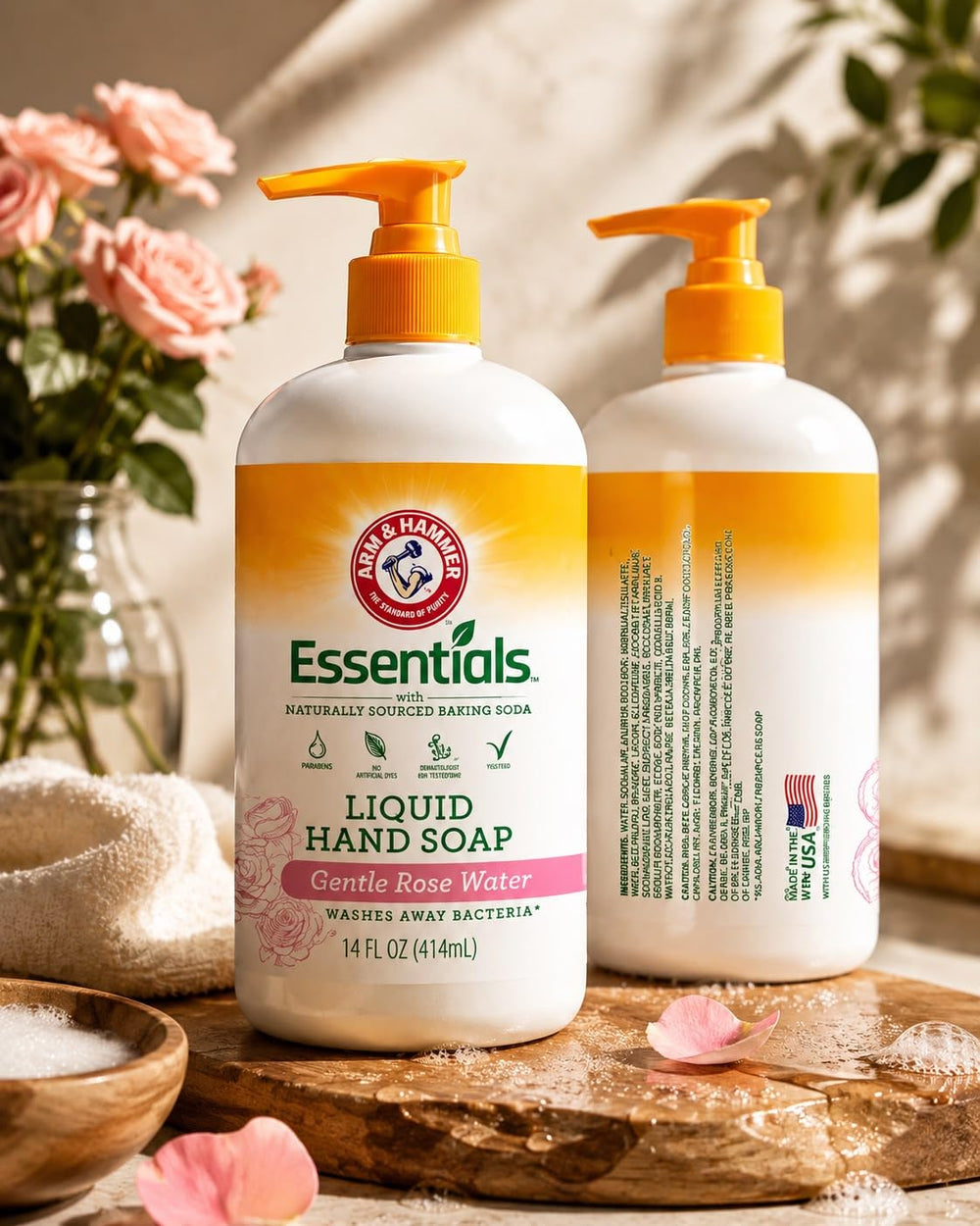Arm & Hammer bottle on bathroom sink, subtle rose scent for shared spaces