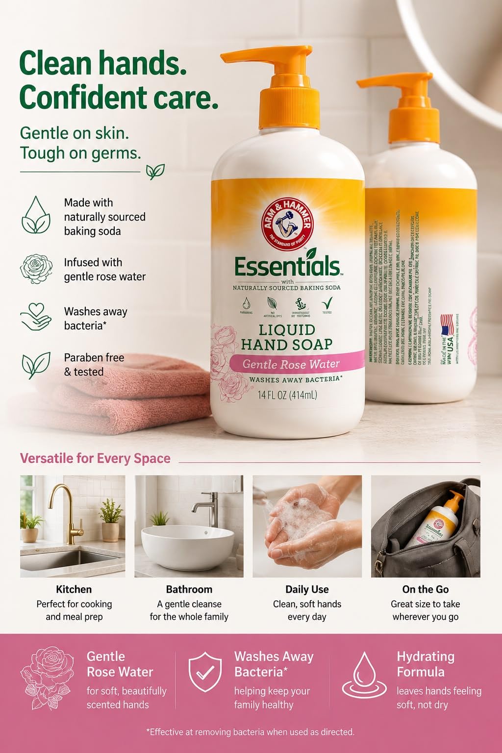 Arm & Hammer pump dispensing lather close-up, quick foaming benefit
