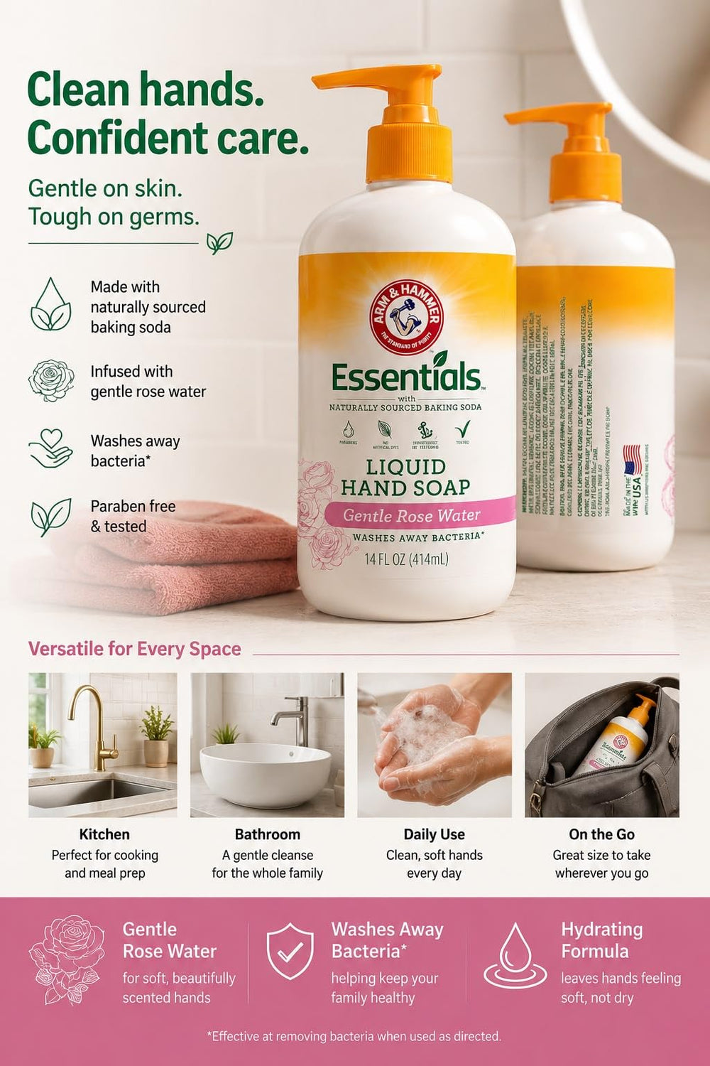 Arm & Hammer pump dispensing lather close-up, quick foaming benefit