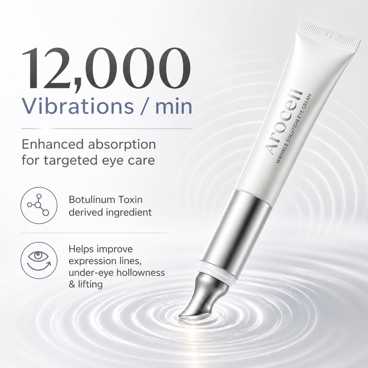 AROCELL applicator closeup highlighting vibrating tip for gentle massage and absorption