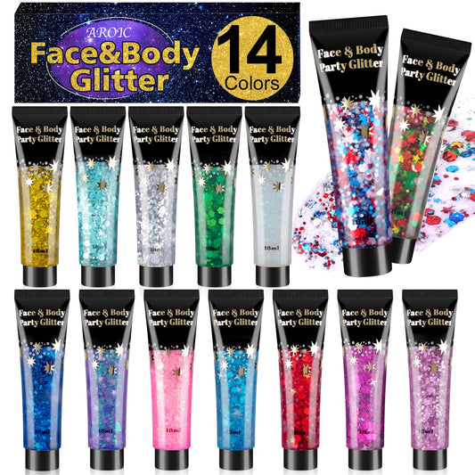 AROIC front packaging showing 14-color glitter set and vibrant tubes for variety