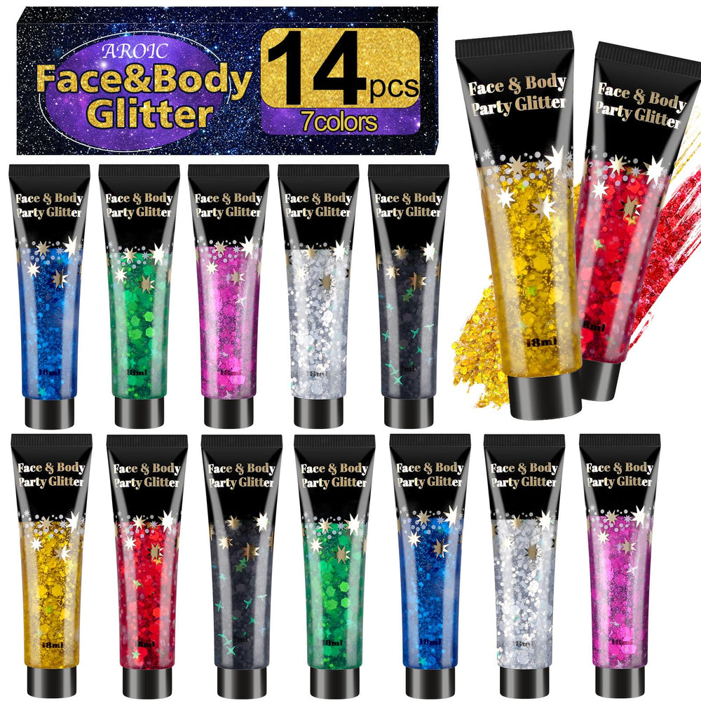 AROIC front packaging showing 14 glitter tubes and compact design for travel