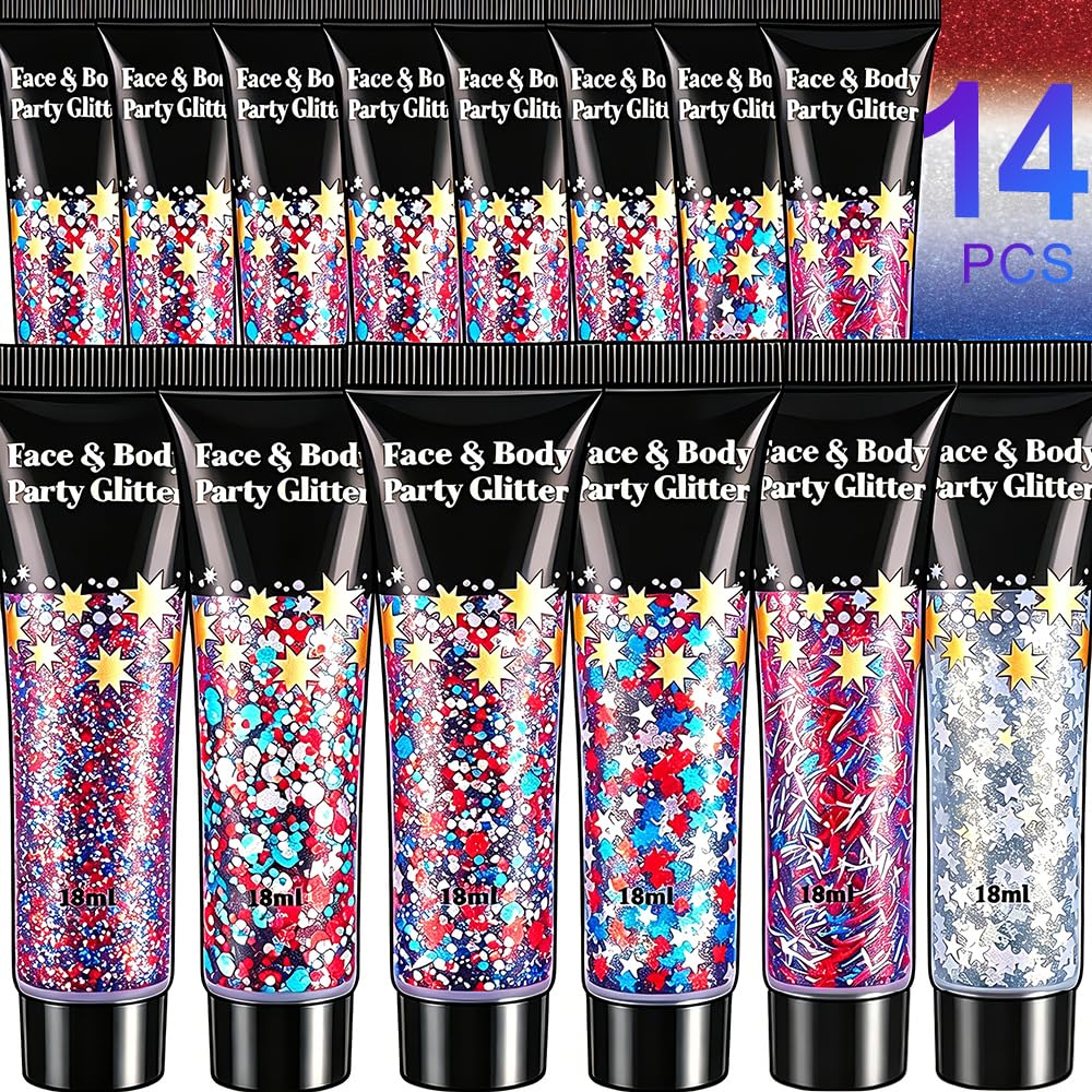 AROIC front packaging showing full 14-piece patriotic glitter set, perfect for parties