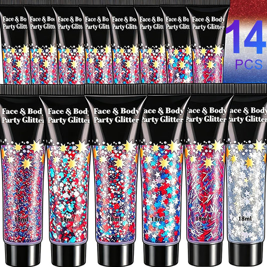 AROIC front packaging showing full 14-piece patriotic glitter set, perfect for parties