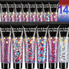 AROIC front packaging showing full 14-piece patriotic glitter set, perfect for parties