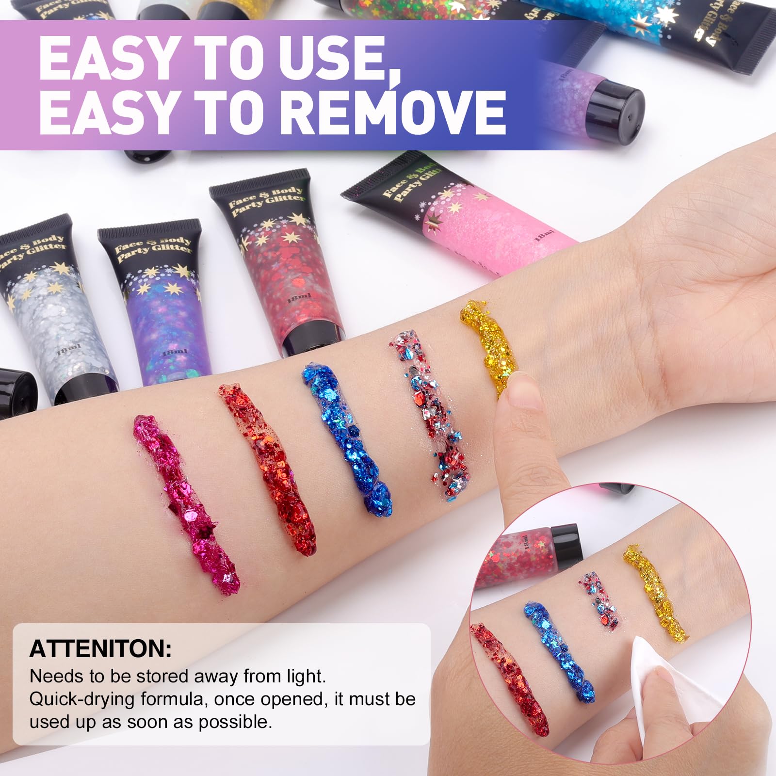 AROIC mixed glitter swatches on arm showing color shifts and textures
